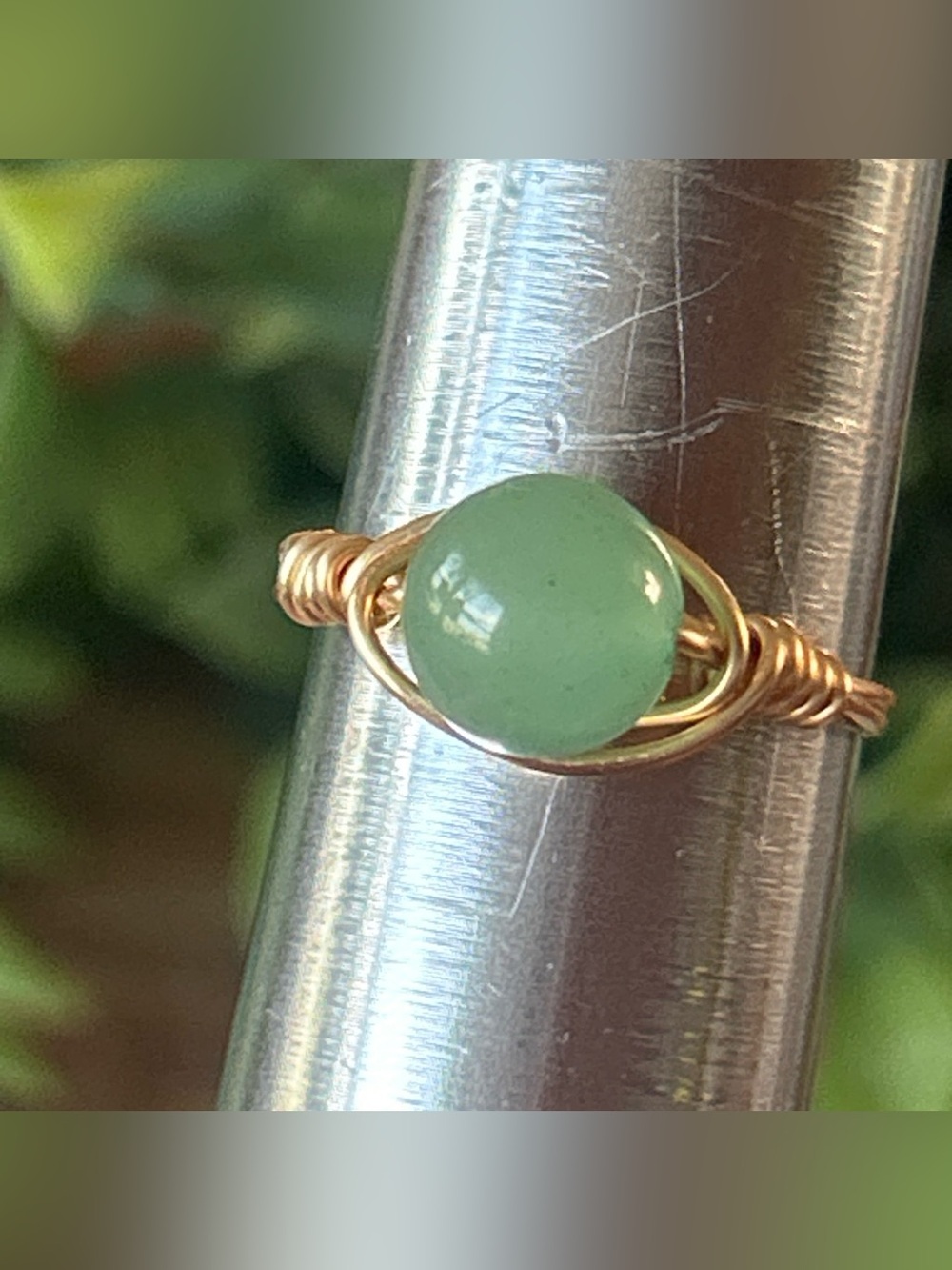 Handcrafted gold tone green aventurine wire wrapped crystal ring - size 8
